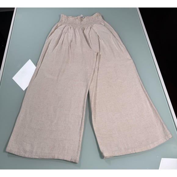 ANRABESS Wide Leg Pants Women's M Linen Blend Beige Cropped Lightweight Pockets - Picture 3 of 14